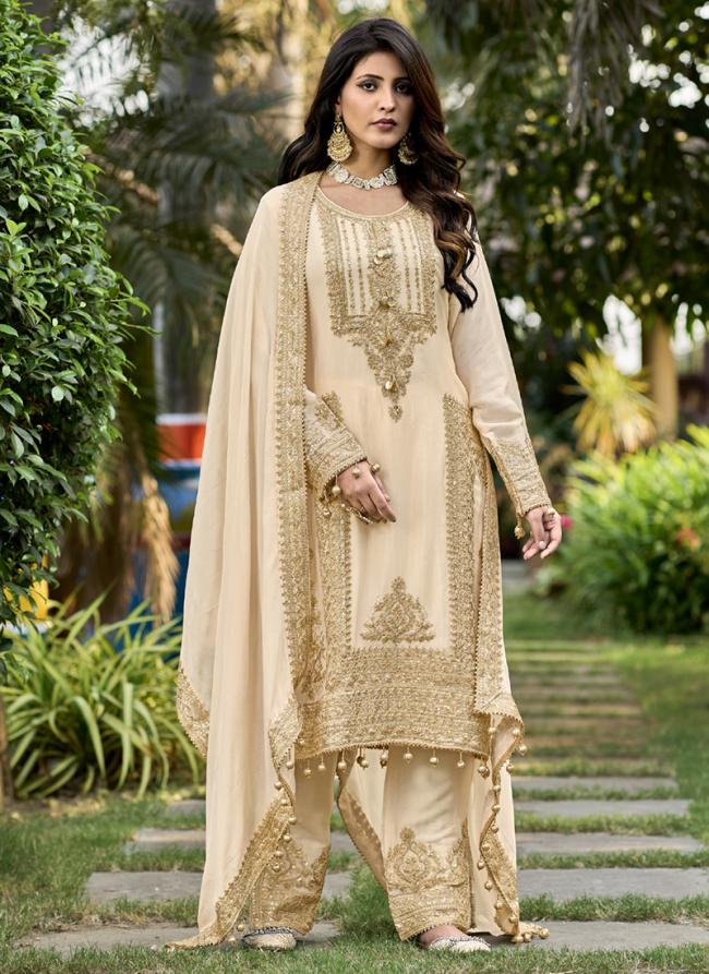 Pure Chinnon Beige Eid Wear Embroidery Work Readymade Palazzo Suit